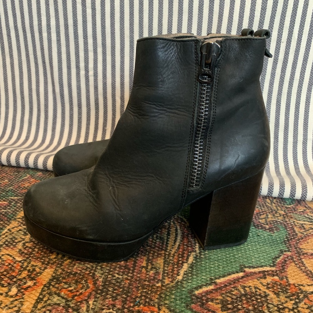 Black chunky heeled platform leather booties